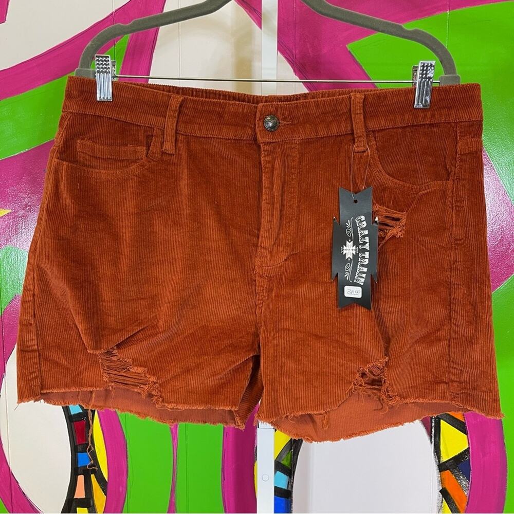NWT, Crazy Train, Rust Stretch Corduroy Distressed Shorts. Size 2XL